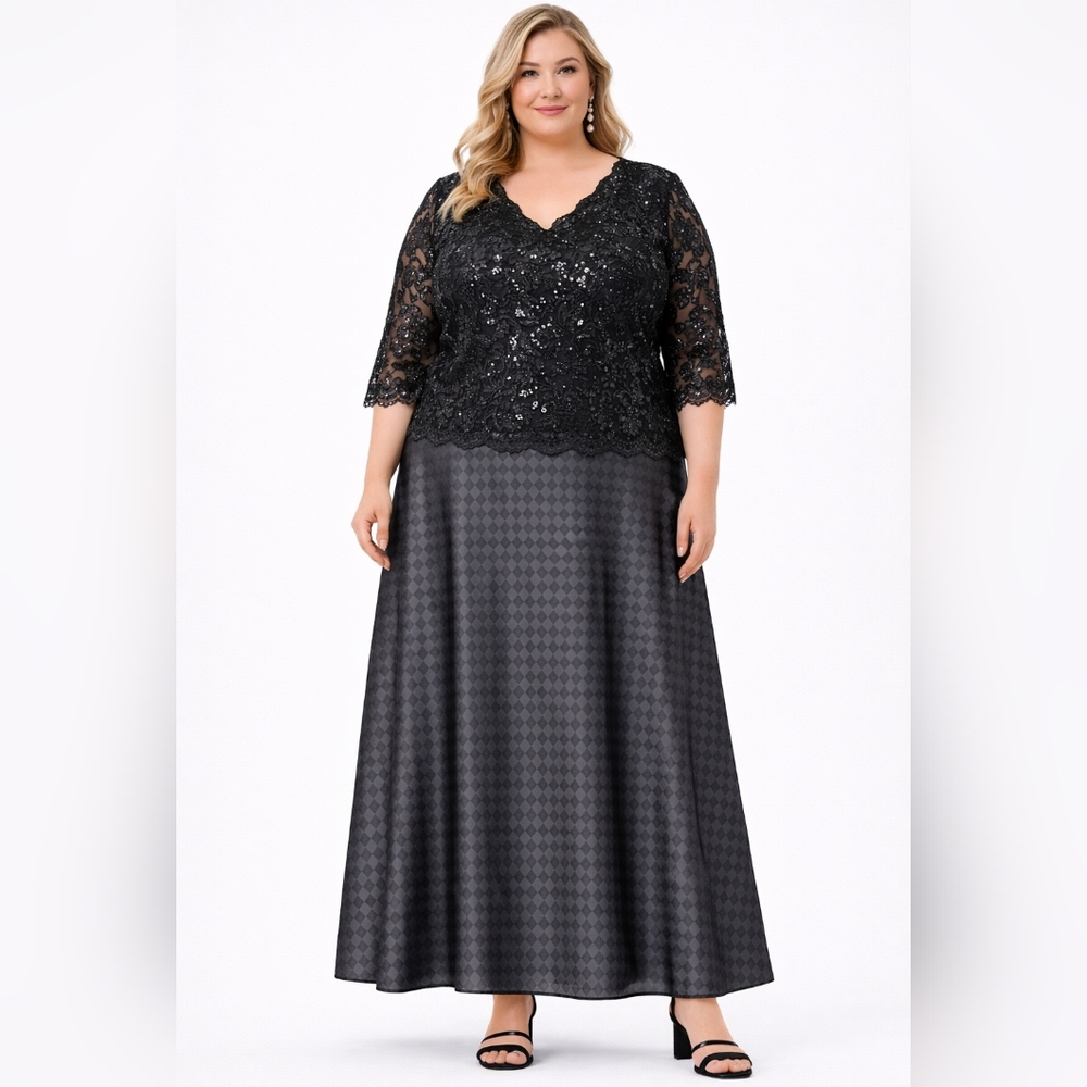 JS Collections Woman Maxi Skirt Black Gray Checkered Formal Plus Sz 20 NWT Long